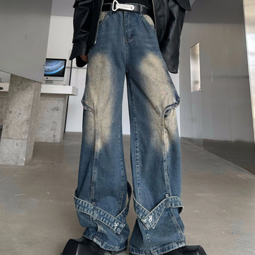 Riolio American high street men and women trendy personalized straight leg washed jeans for couples spring loose retro casual pants y2k